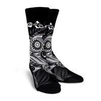 Hawaiian Map Turtle Tattoo Hibiscus Plumeria Polynesian Crew Socks - White - AH - Polynesian Pride