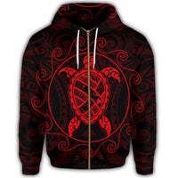 Hawaiian Map Turtle Wave Polynesian Zip Hoodie Red - Polynesian Pride