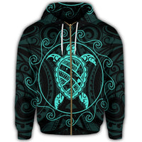 Hawaiian Map Turtle Wave Polynesian Zip Hoodie Turquoise - Polynesian Pride