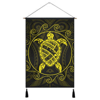 Hawaiian Map Turtle Wave Polynesian Hanging Poster Yellow - AH Hanging Poster Cotton And Linen - Polynesian Pride