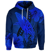Custom Hawaiian Map Whale Swim Hibiscus Polynesian Hoodie Blue - Polynesian Pride