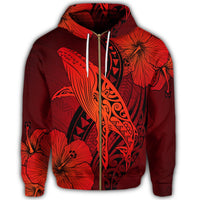 Hawaiian Map Whale Swim Hibiscus Polynesian Zip Hoodie Red - Polynesian Pride