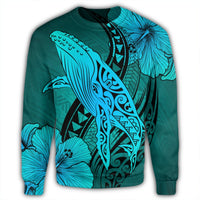 Hawaiian Map Whale Swim Hibiscus Polynesian Sweatshirt - Turquoise - AH - Polynesian Pride