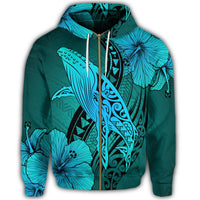 Hawaiian Map Whale Swim Hibiscus Polynesian Zip Hoodie Turquoise - Polynesian Pride