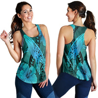 Hawaiian Map Whale Swim Hibiscus Polynesian Racerback Tank - Turquoise - AH Black - Polynesian Pride
