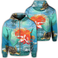 Hawaiian Mermaid Turtle Dolphin Polynesian Zip Hoodie Unisex Art - Polynesian Pride