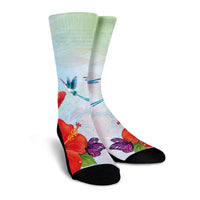 Hawaiian Orchids Strelitzia Hibiscus Plumeria Hummingbirds Polynesian Crew Socks - AH - Polynesian Pride