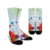 Hawaiian Orchids Strelitzia Hibiscus Plumeria Hummingbirds Polynesian Crew Socks - AH Crew Socks White - Polynesian Pride