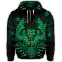 Hawaiian Owl Hibiscus Plumeria Polynesian Zip Hoodie Green - Polynesian Pride