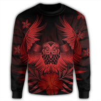Hawaiian Owl Hibiscus Plumeria Polynesian Sweatshirt - Red - AH - Polynesian Pride
