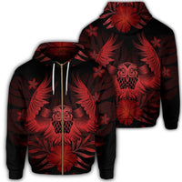 Hawaiian Owl Hibiscus Plumeria Polynesian Zip Hoodie Red Unisex Art - Polynesian Pride