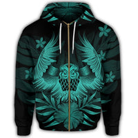 Hawaiian Owl Hibiscus Plumeria Polynesian Zip Hoodie Turquoise - Polynesian Pride
