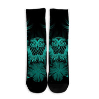 Hawaiian Owl Hibiscus Plumeria Polynesian Crew Socks - Turquoise - AH - Polynesian Pride