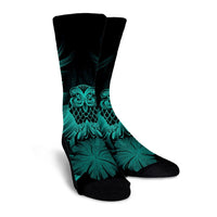 Hawaiian Owl Hibiscus Plumeria Polynesian Crew Socks - Turquoise - AH - Polynesian Pride