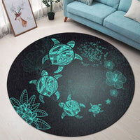 Hawaiian Plumeria Hibiscus Turtle Under Sea Polynesian Round Carpet Blue AH - Polynesian Pride