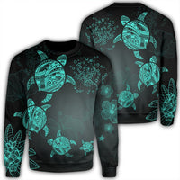 Hawaiian Plumeria Hibiscus Turtle Under Sea Polynesian Sweatshirt Blue AH Unisex Black - Polynesian Pride