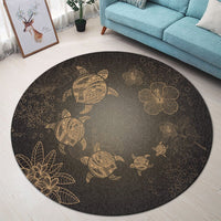 Hawaiian Plumeria Hibiscus Turtle Under Sea Polynesian Round Carpet Gold AH - Polynesian Pride