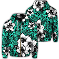 Hawaiian Plumeria Tribe Turquoise Polynesian Zip Hoodie Unisex Art - Polynesian Pride
