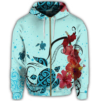 Hawaiian Sea Turtle Hibiscus Brilliant Polynesian Zip Hoodie - Polynesian Pride