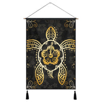 Hawaiian Turtle And Hibiscus Polynesian Hanging Poster Gold - AH Hanging Poster Cotton And Linen - Polynesian Pride