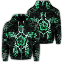 Hawaiian Turtle and Hibiscus Polynesian Zip Hoodie Green Unisex Art - Polynesian Pride