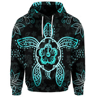 Custom Hawaiian Turtle and Hibiscus Polynesian Hoodie Turquoise - Polynesian Pride