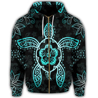 Hawaiian Turtle and Hibiscus Polynesian Zip Hoodie Turquoise - Polynesian Pride