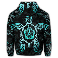 Hawaiian Turtle and Hibiscus Polynesian Zip Hoodie Turquoise - Polynesian Pride