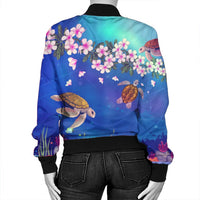 Hawaiian Turtle And Plumeria Pattern Polynesian Bomber Jacket - AH - Polynesian Pride