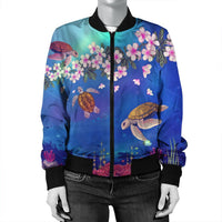 Hawaiian Turtle And Plumeria Pattern Polynesian Bomber Jacket - AH - Polynesian Pride