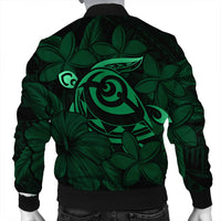 Hawaiian Turtle Hibiscus Plumeria Kanaka Polynesian Bomber Jacket Green - Soft Style - AH - Polynesian Pride