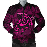 Hawaiian Turtle Hibiscus Plumeria Kanaka Polynesian Bomber Jacket Pink - Soft Style - AH Black Unisex - Polynesian Pride