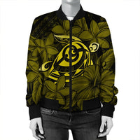 Hawaiian Turtle Hibiscus Plumeria Kanaka Polynesian Bomber Jacket Yellow - Soft Style - AH - Polynesian Pride