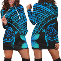 Hawaiian Turtle Plumeria Kakau Polynesian Quilt Hoodie Dress Blue AH Black - Polynesian Pride