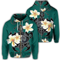 Hawaiian Turtle Plumeria Polynesian Zip Hoodie Mint Unisex Art - Polynesian Pride