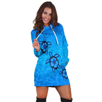 Hawaiian Turtle Swim In The OCean With Hibiscus Polynesian Hoodie Dress - AH - Polynesian Pride
