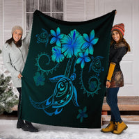 Hawaiian Turtles Hibiscus Plumeria Polynesian Premium Blankets - Turquoise - AH - Polynesian Pride