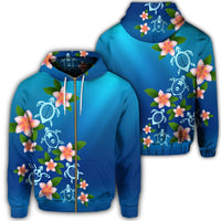 Hawaiian Tuttle and Plumeria Flower In The Sea Polynesian Zip Hoodie Unisex Art - Polynesian Pride