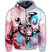Hawaiian Wave Hibiscus Watercolor Turtle Polynesian Zip Hoodie - Polynesian Pride