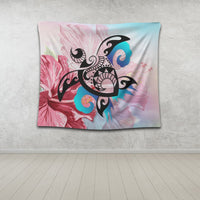 Hawaiian Wave Hibiscus Watercolor Turtle Polynesian Tapestry - AH - Polynesian Pride