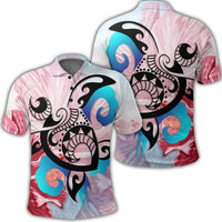 Hawaiian Wave Hibiscus Watercolor Turtle Polynesian Polo Shirt Unisex Black - Polynesian Pride