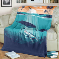 Hawaiian Whale And Turtle In Sunset Polynesian Premium Blankets - AH - Polynesian Pride