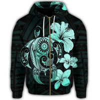 Hibiscus Plumeria Mix Polynesian Turtle Zip Hoodie Turquoise - Polynesian Pride