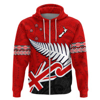 Custom Waitangi Hoodie Aotearoa Tino Rangatiratanga Flag with Silver Fern LT9 Zip Hoodie Red - Polynesian Pride