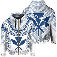 Hawaiian Kanaka Map Football Jersey Hoodie Zip White and Blue Roger Style Unisex White - Polynesian Pride