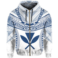 Hawaiian Kanaka Map Football Jersey Hoodie Zip White and Blue Roger Style - Polynesian Pride
