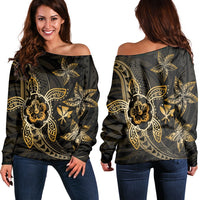 Kanaka Map Hibiscus Plumeria Turtle Art Gold Polynesian Women's Off Shoulder Sweater - AH Black - Polynesian Pride