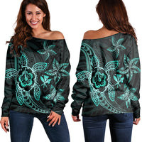 Kanaka Map Hibiscus Plumeria Turtle Art Turquoise Polynesian Women's Off Shoulder Sweater - AH Black - Polynesian Pride