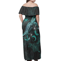 Kiribati Matching Dress and Hawaiian Shirt with Turtle and Blooming Hibiscus Turquoise - Polynesian Pride