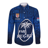 (Custom Text and Number) Fiji Rugby Hawaii Long Sleeve Button Shirt Flying Fijians Blue Tapa Pattern LT13 - Polynesian Pride